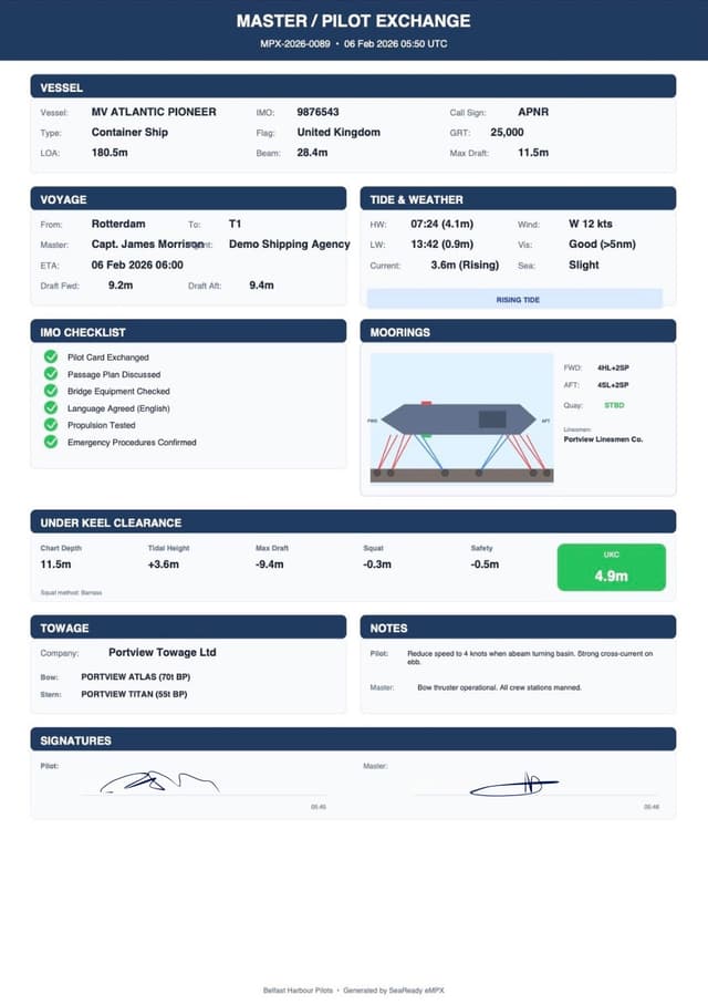 eMPX generated PDF report showing complete Master/Pilot Exchange document